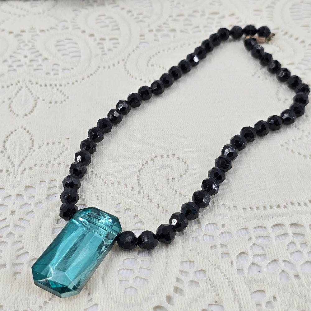 Vintage Black Faceted Bead Necklace Aqua Blue Emerald Cut Pendant